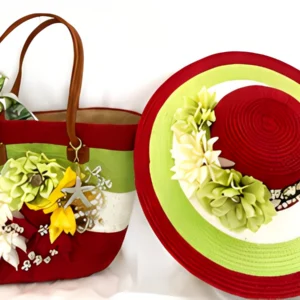 Red hat and bag with floral decorations.