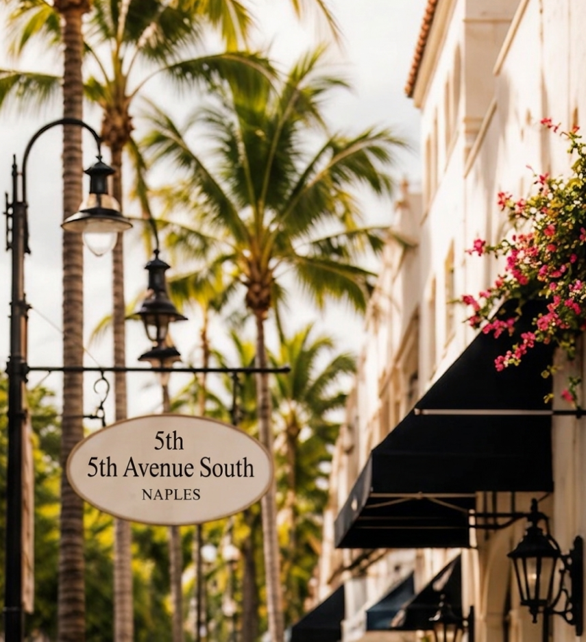 Oval street sign among palm-lined Naples boulevard