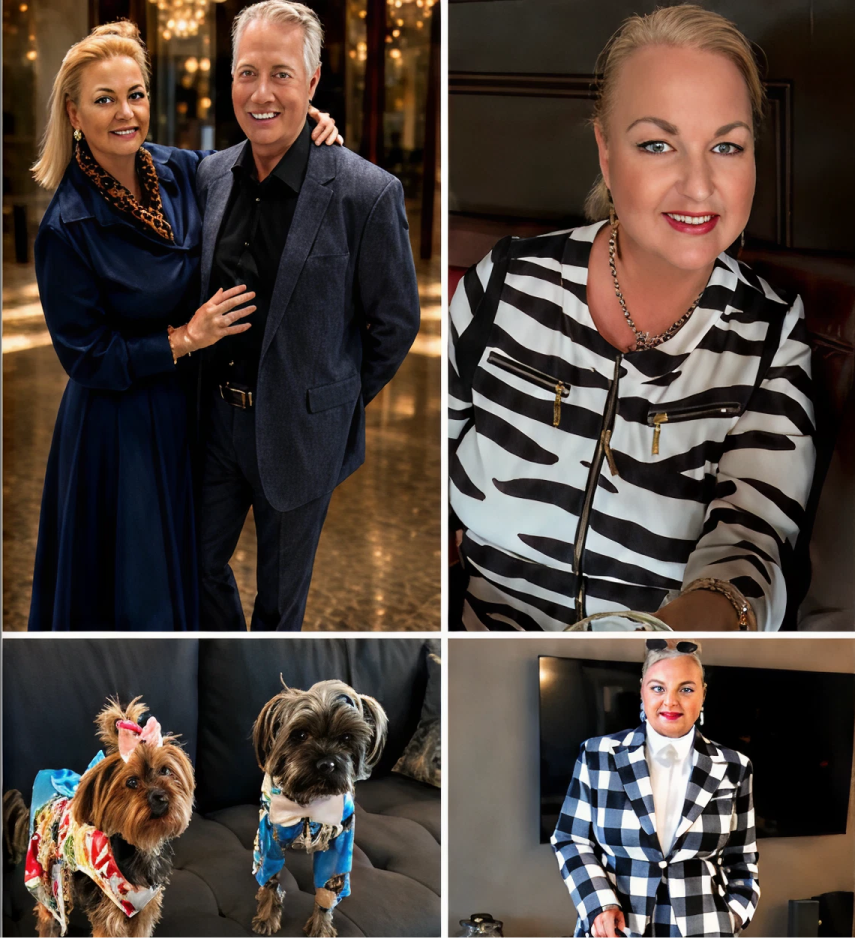 Couple, woman, dogs, and person in collage.