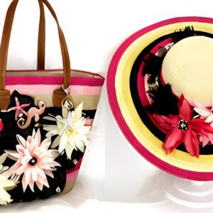 Striped bag and hat with floral decorations.