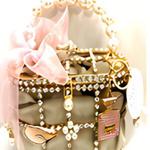 Ornate handbag with pearls and pink ribbon.