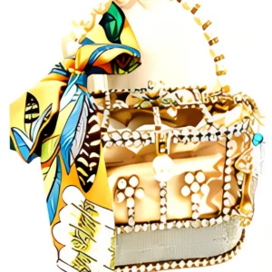 Ornate handbag with colorful scarf accessory.