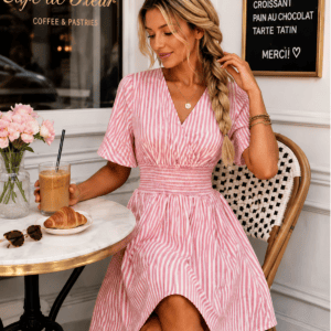 LIGHT RED PIN STRIPE DRESS WITH EMPIRE ELASTIC WAIST BAND