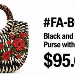 Black and White Woven Purse with Rose Applique